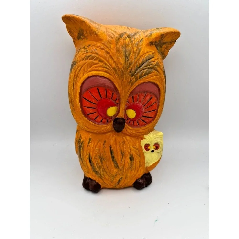 Vintage 1974 Large Owl With Baby Figurine Signed RZ Hand Painted Folk Art 10